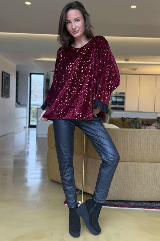Vivie Velvet Sequin Top Burgundy